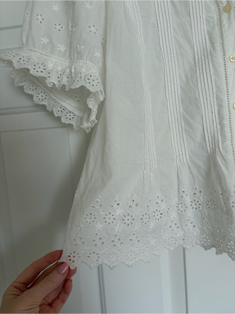 White Eyelet Button-Front Short Sleeve Top - Picture 11 of 13